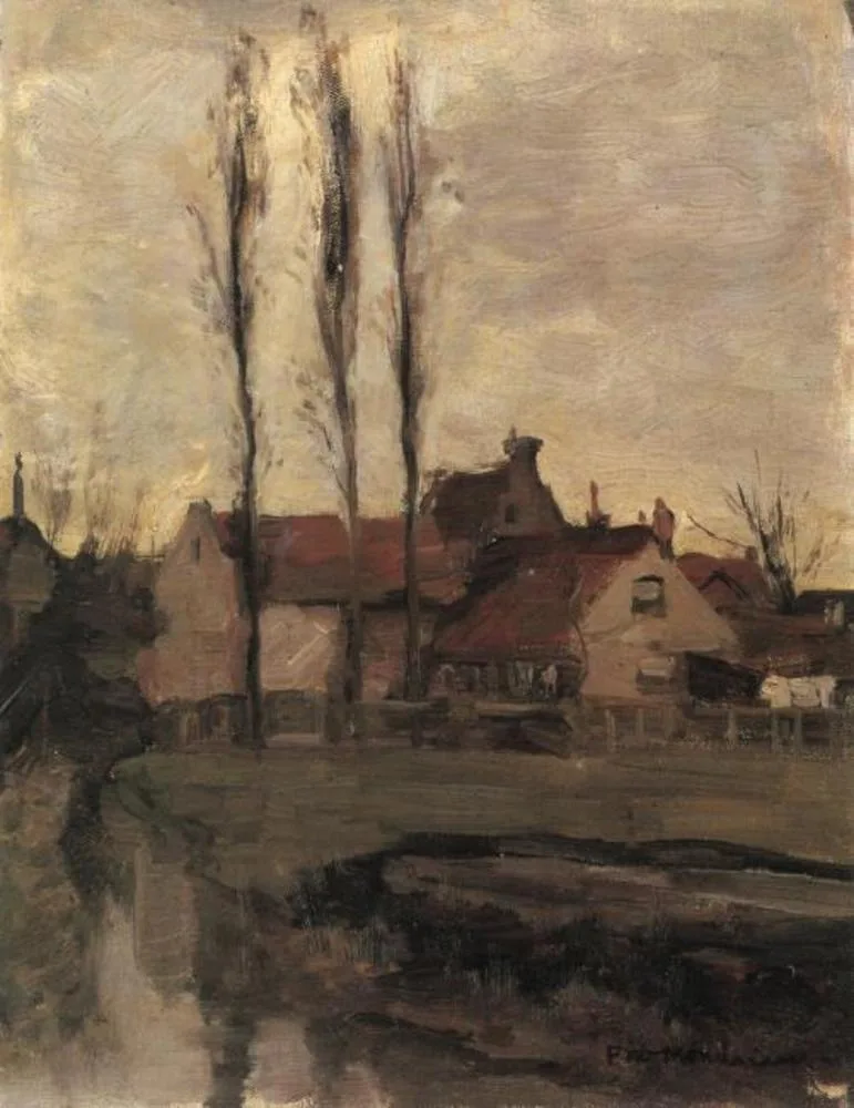 Three Italian poplars and buildings