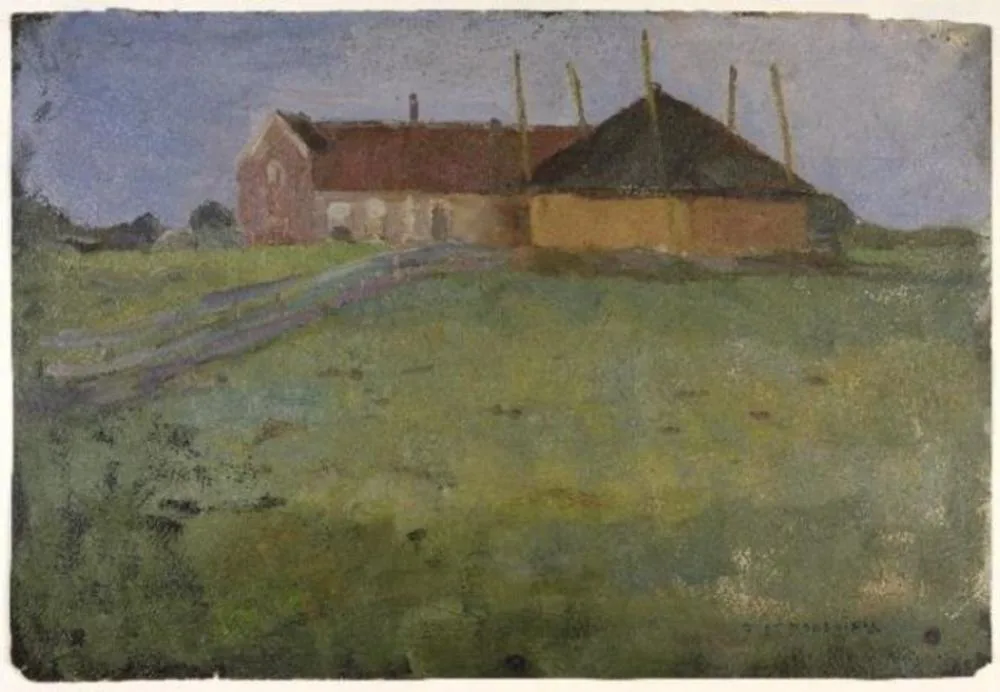 Farm building with haystack viewed along the horizon