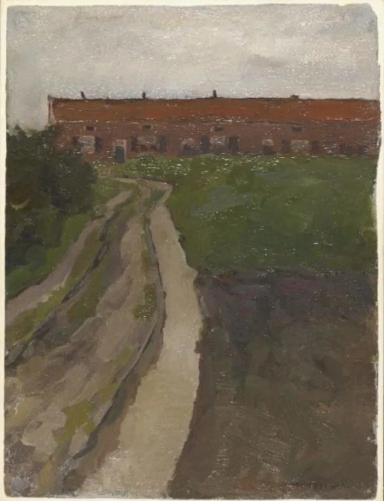 Country lane with row of workers' houses