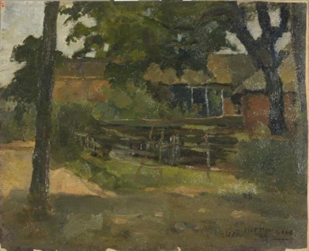 Farmstead in Het Gooi, viewed between trees and over fence