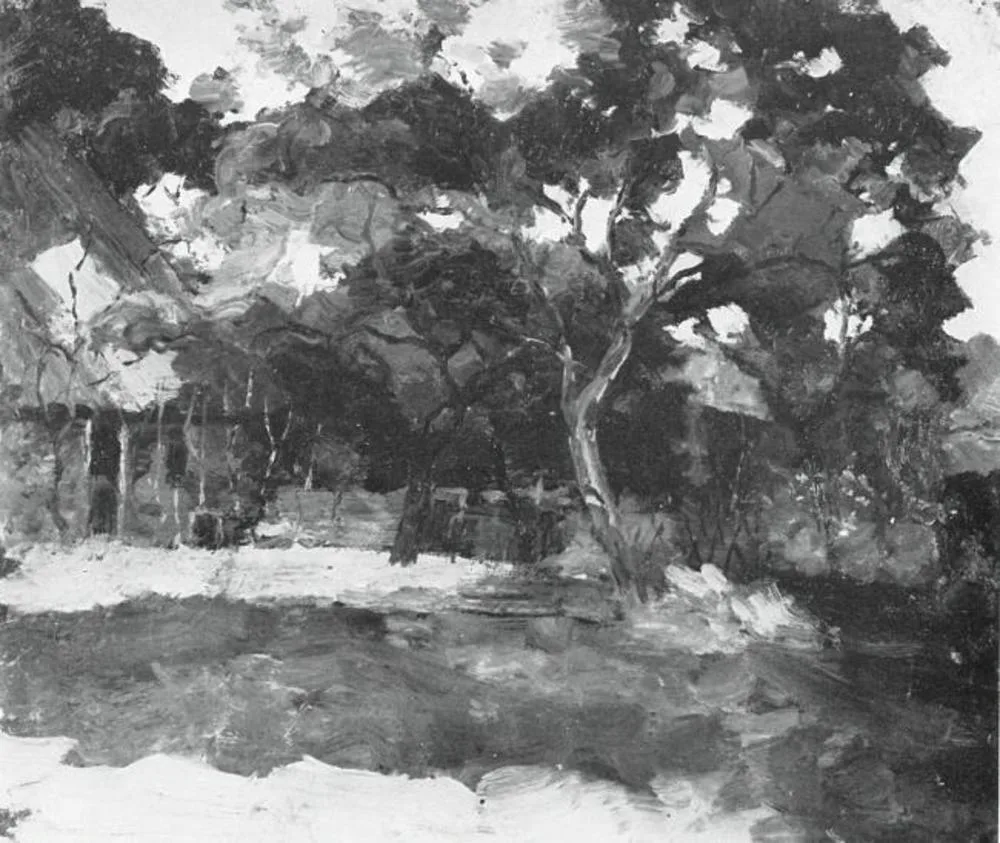 Farm buildings in Het Gooi, veiled by trees