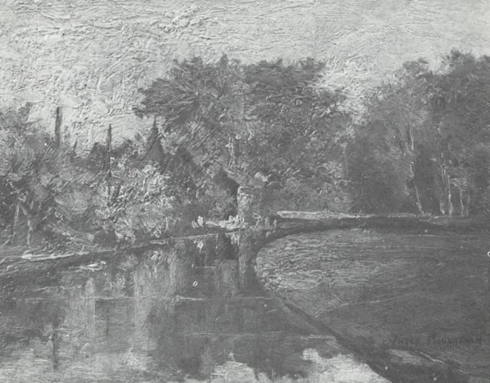Stream bordered by wooded landscape