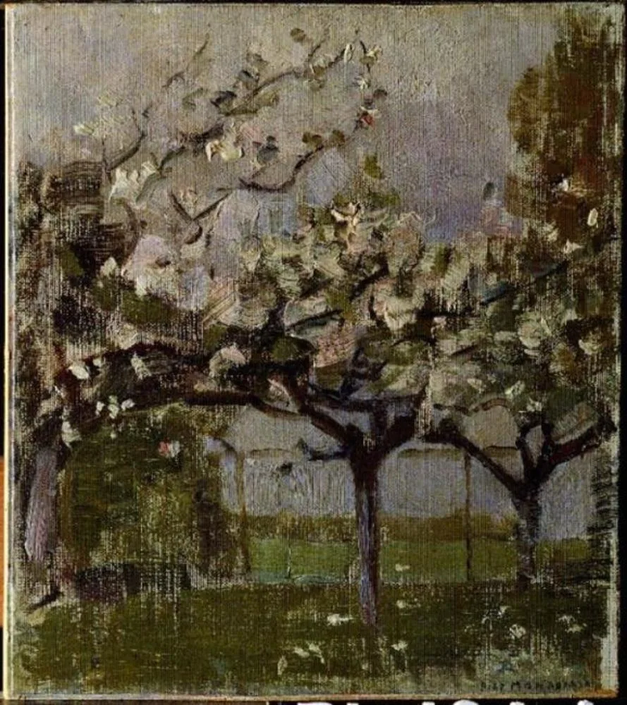 Blossoming trees before a haystack