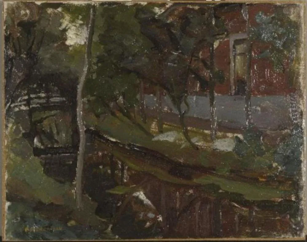 Curved canal with farm building at right