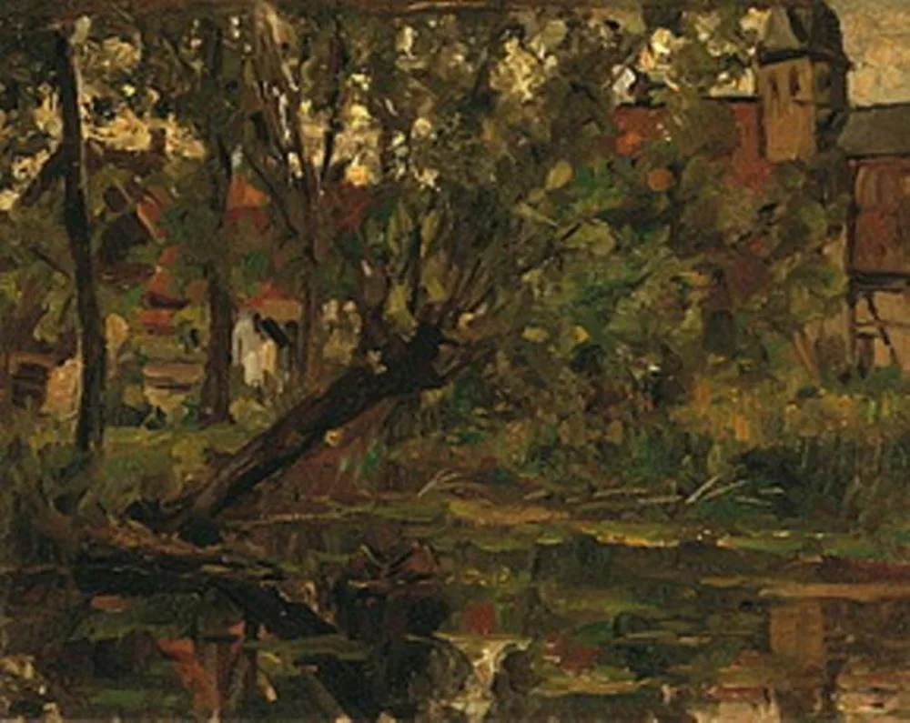 Willow suspended over the water before farm building and church tower