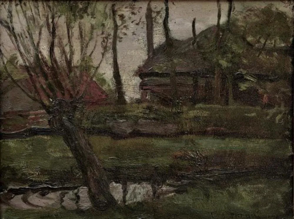 Farmyard sketch with pollarded willow at left
