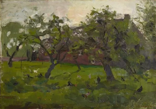 Apple trees and chickens in a farmyard
