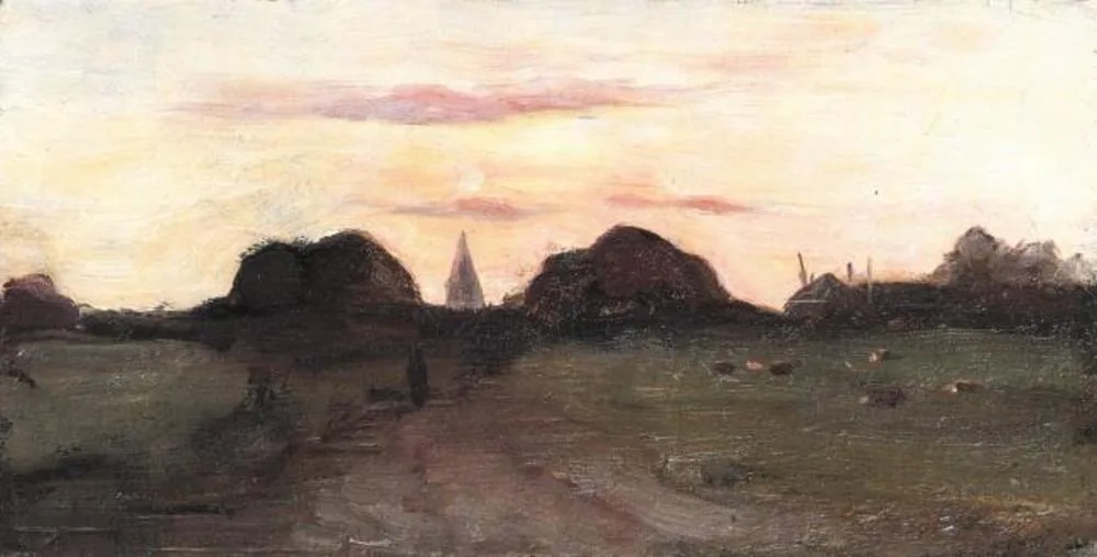 Field with church tower and haystack