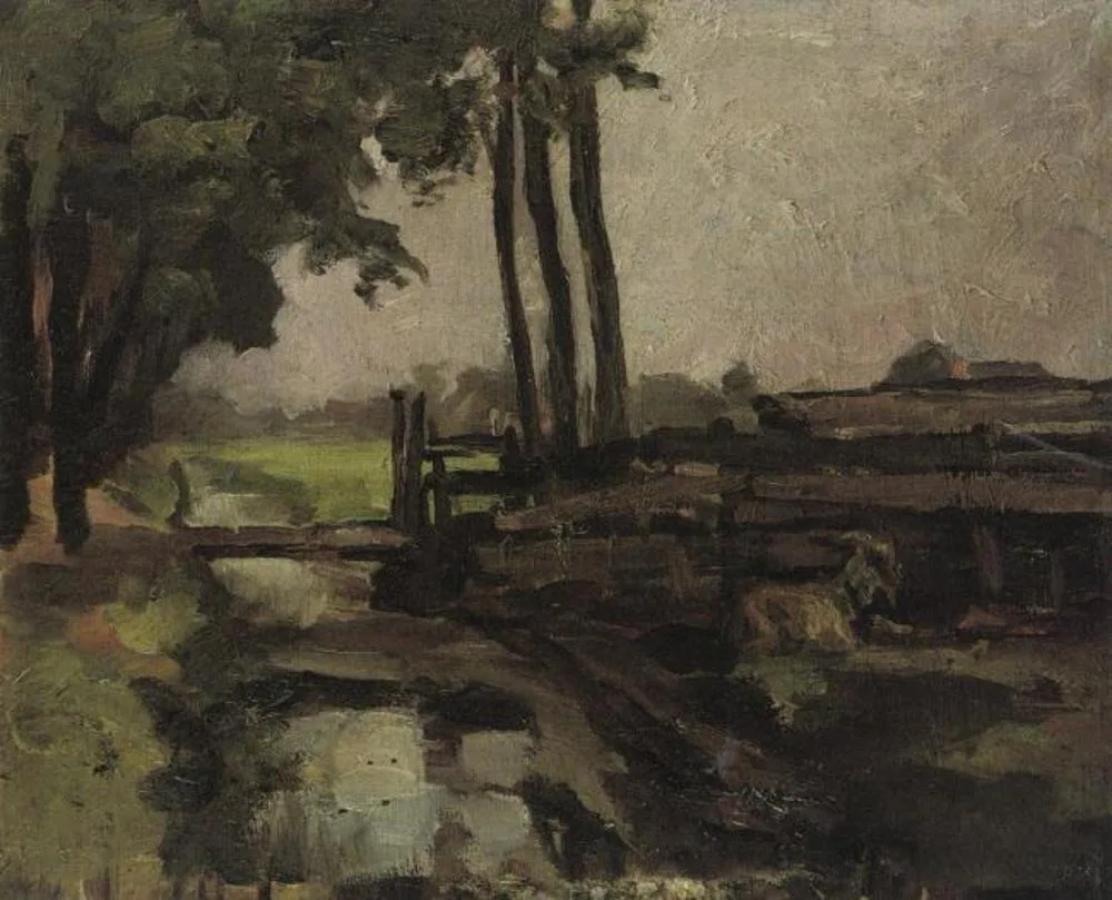 Irrigation ditch, bridge and goat, sketch