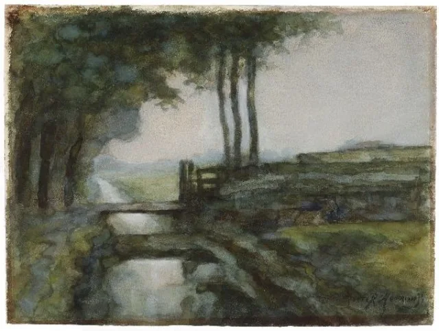 Irrigation ditch, bridge and goat, watercolor