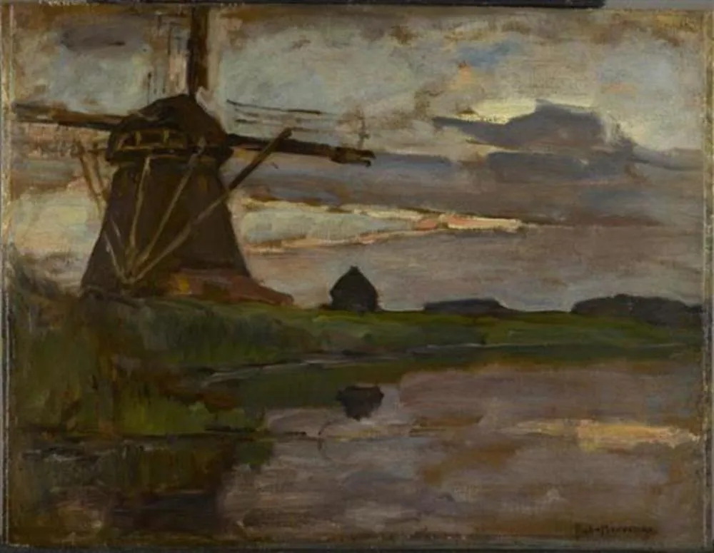 Oostzijdse mill viewed from downstream with streaked blue and yellow sky