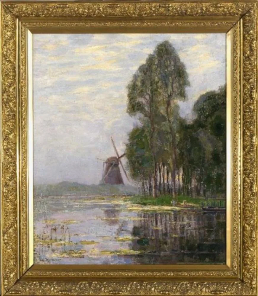 Mill near tall trees with bright color reflections, c.