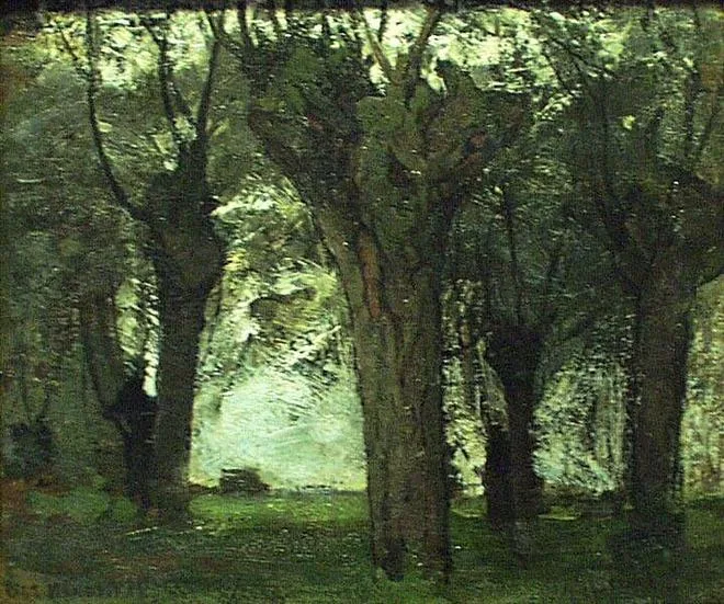Willow grove with prominent trunk at center