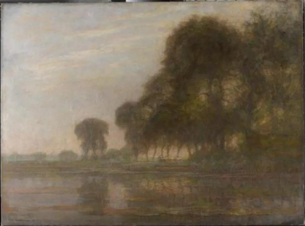 Bend in the Gein with poplars, three isolated, and farm woman with cows