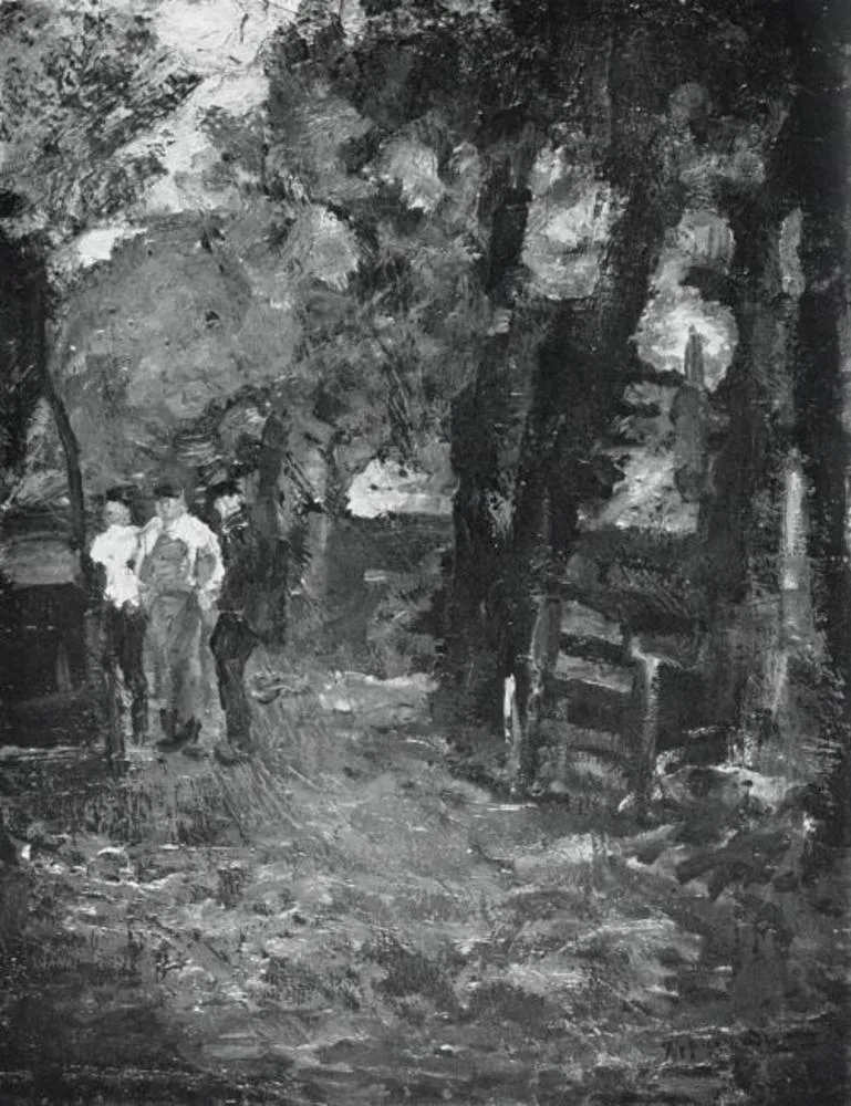 Three farm workers near a gateway