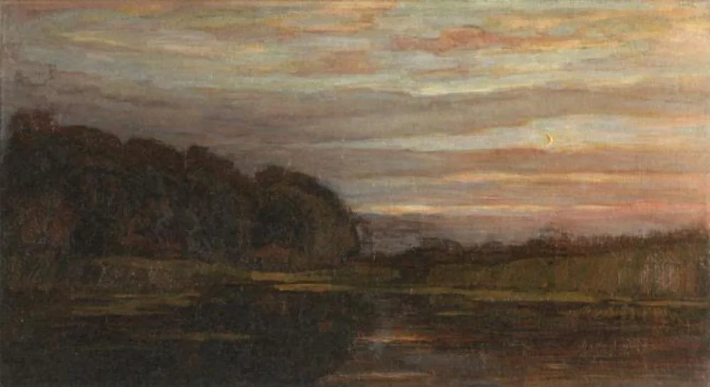 Farmstead on the Gein screened by tall trees: greenish streaks sky with crescent moon