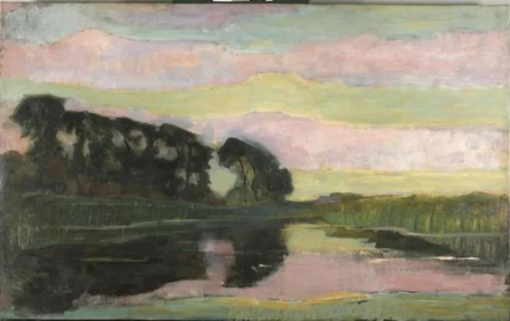 Riverscape with row of trees at left, sky with pink and yellow-green bands: farmstead on the Gein screened by tall trees