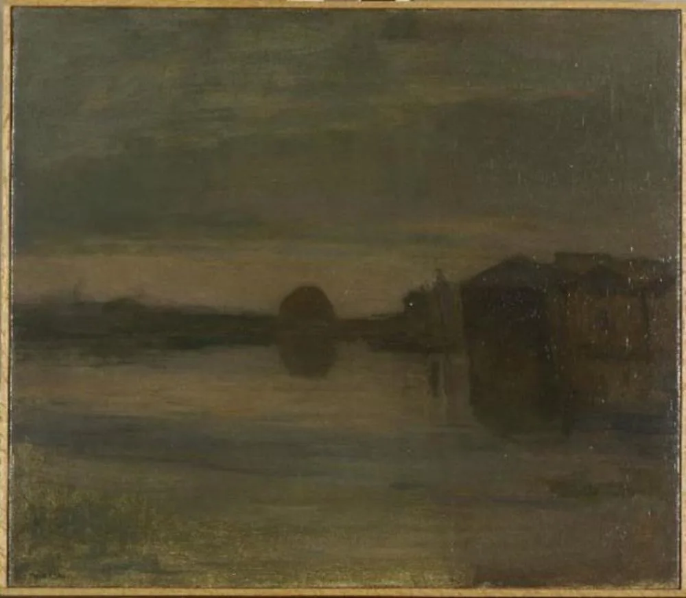 Riverscape in the evening, buildings at right
