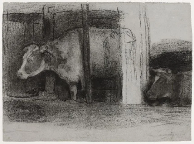 Two cows in a pot stall