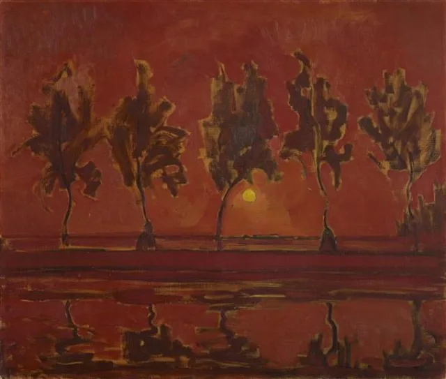 Five tree silhouettes along the Gein with moon