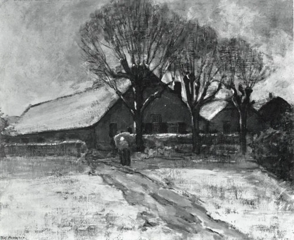Winter landscape with three farm buildings