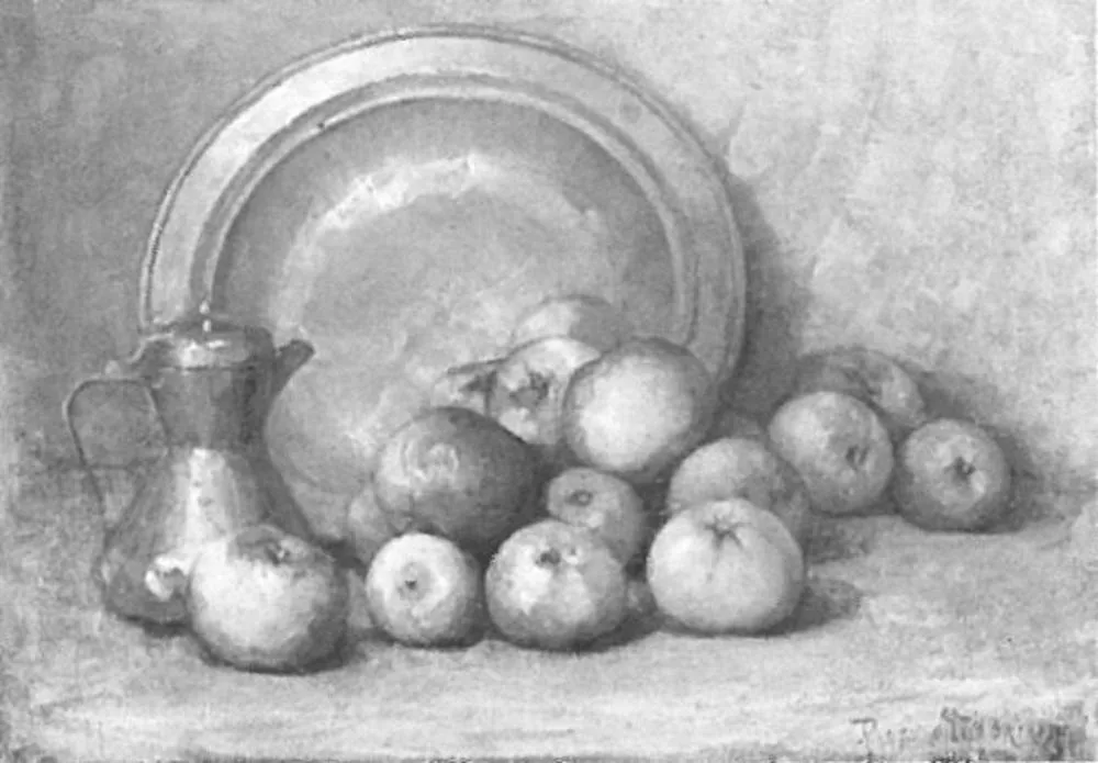 Apples, coffee pot and large copper pan
