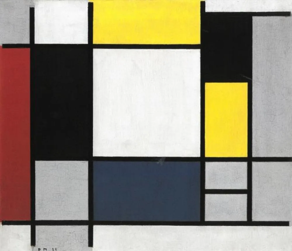 Composition with yellow, red, black, blue and gray