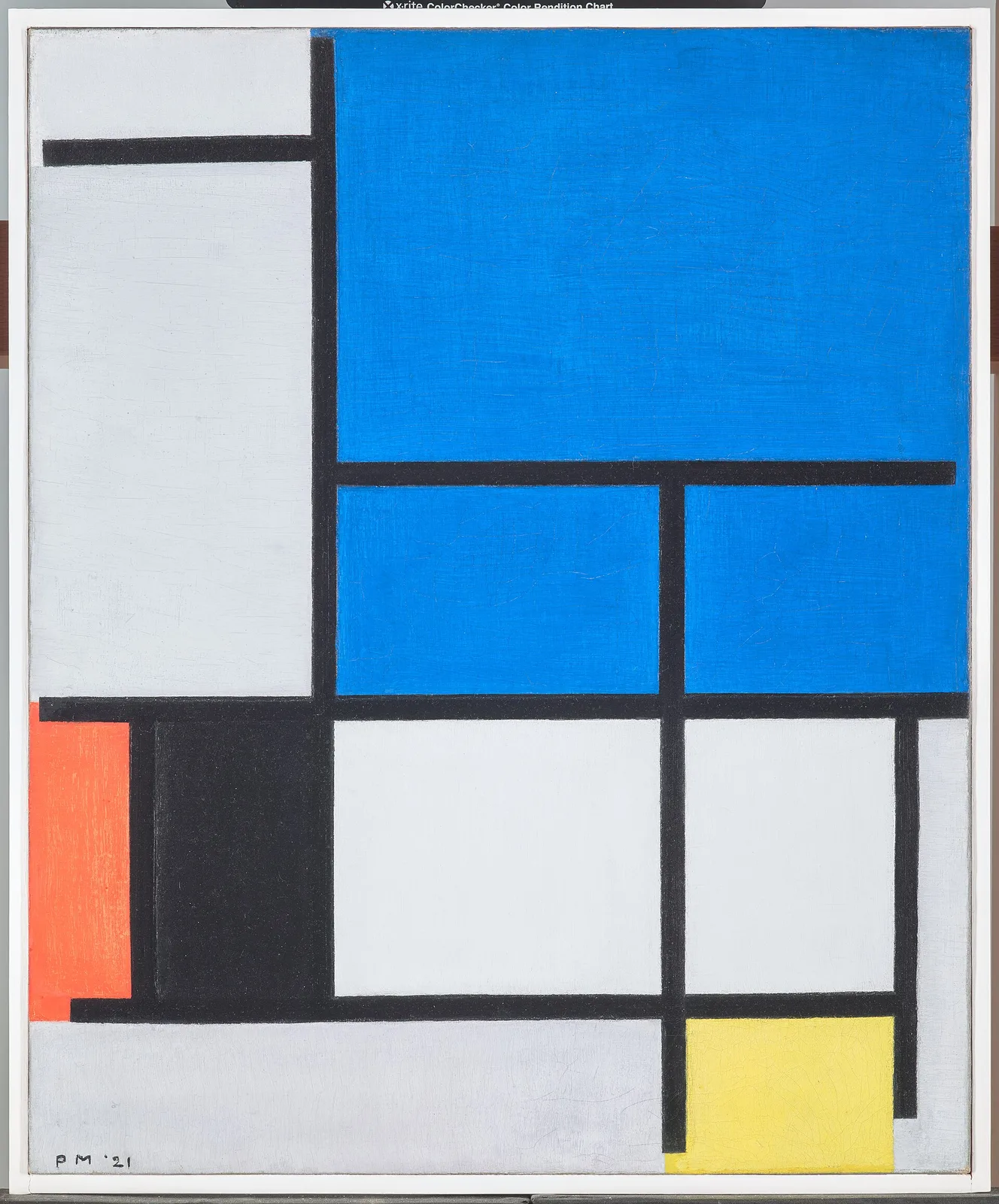 Composition with large blue plane, red, black, yellow and gray