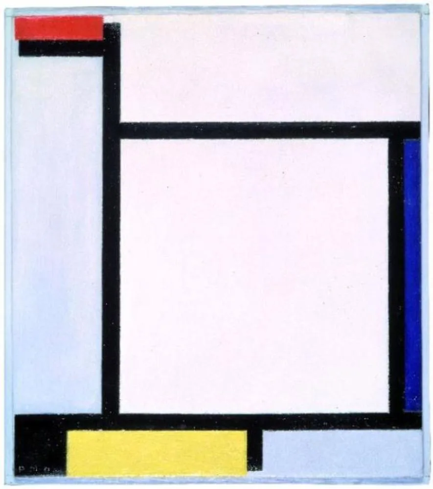 Compositie met rood, blauw, zwart, geel en grijs