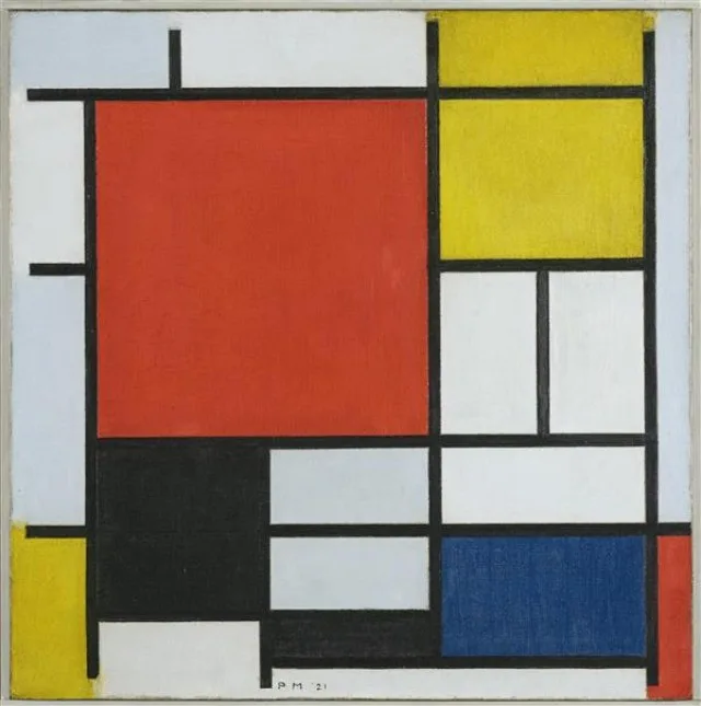 Composition with large red plane, yellow, black, gray and blue