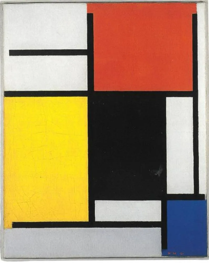 Composition with red, yellow, black, blue, and gray