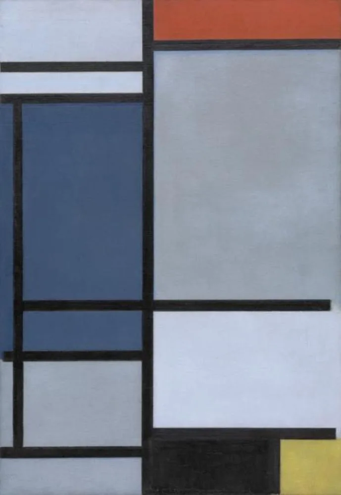 Composition with red, blue, black, yellow and gray