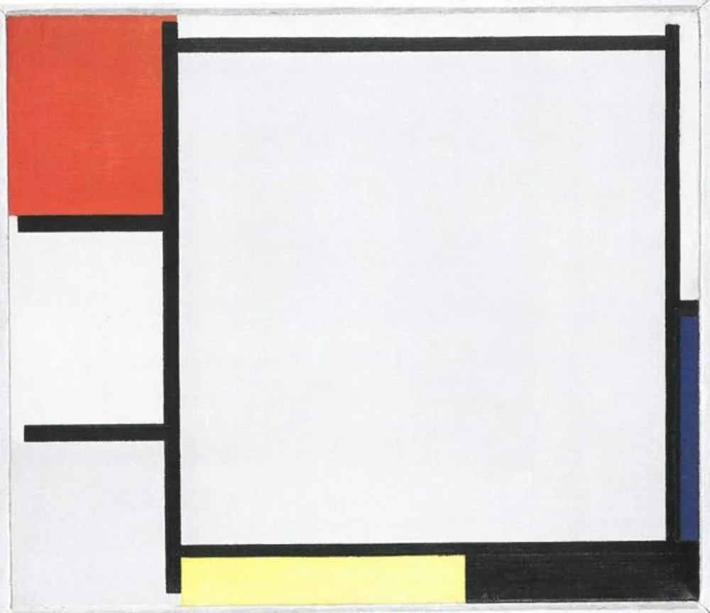 Composition with red, blue, yellow, black and gray