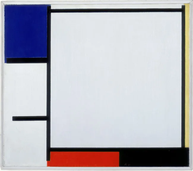 Composition with blue, yellow, red, black, and gray