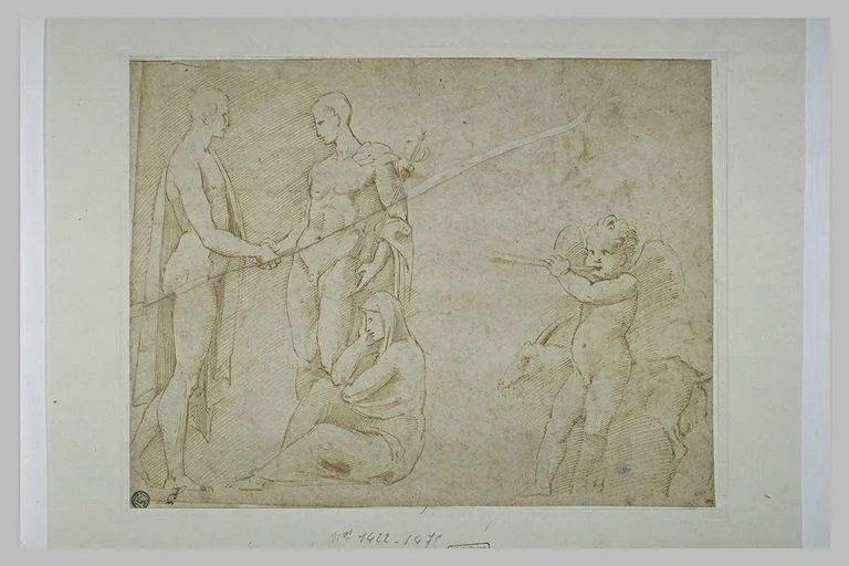 Homme nu tenant la main à Mercure; femme assise; enfant ailé et une chèvre