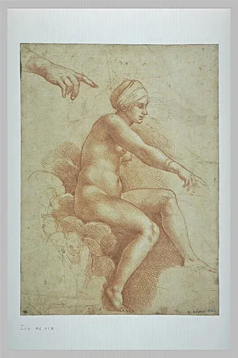 Femme nue assise sur des nuées, reprise de la main; croquis d'architecture