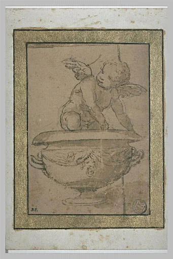Enfant ailé assis sur un un vase