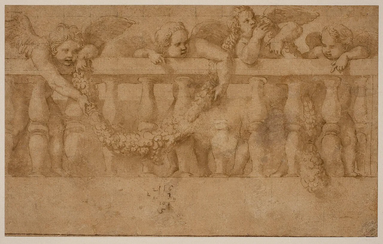 Four winged putti decorating a balustrade with garlands