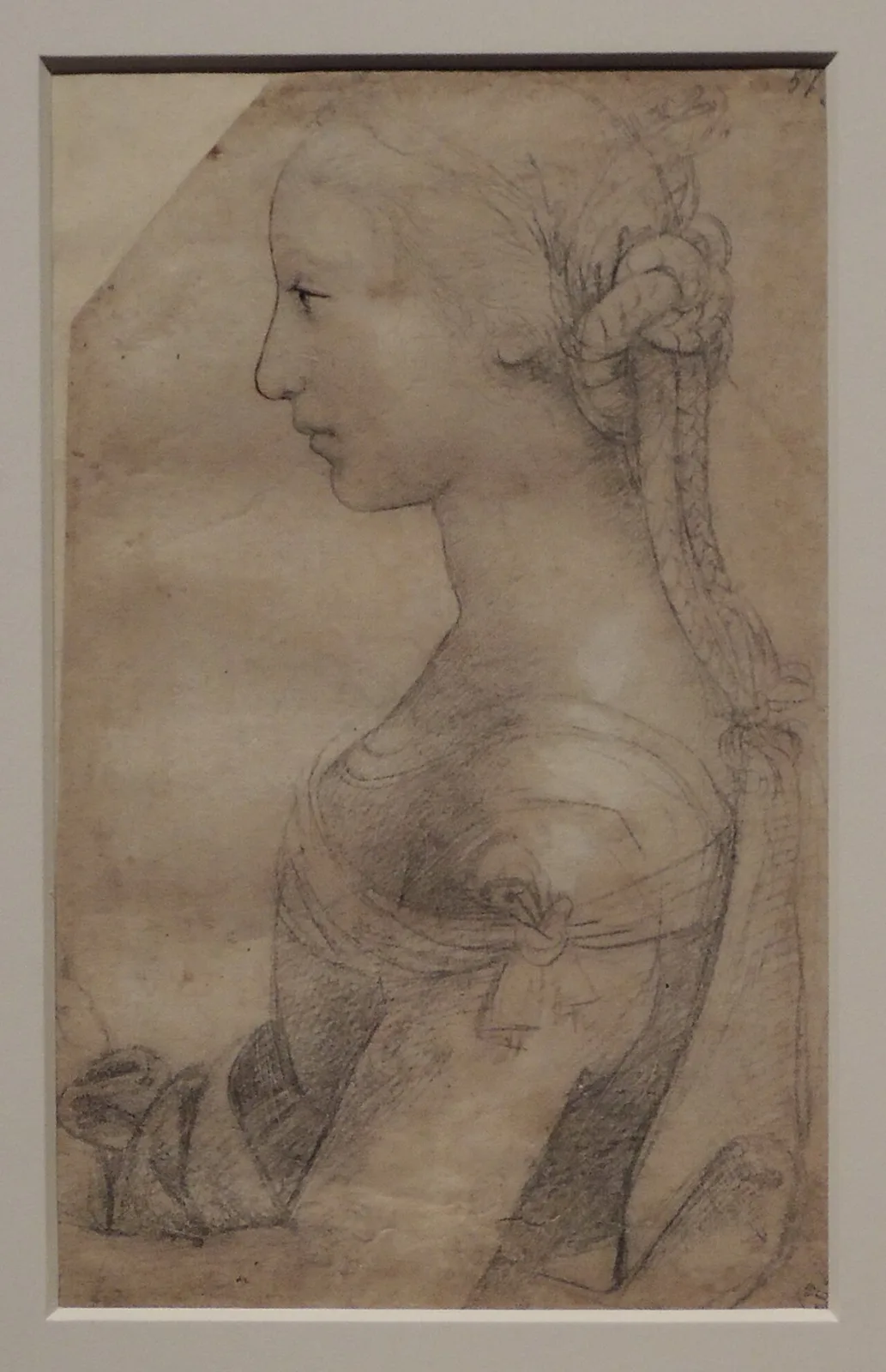 Half-length portrait of a young woman in profile