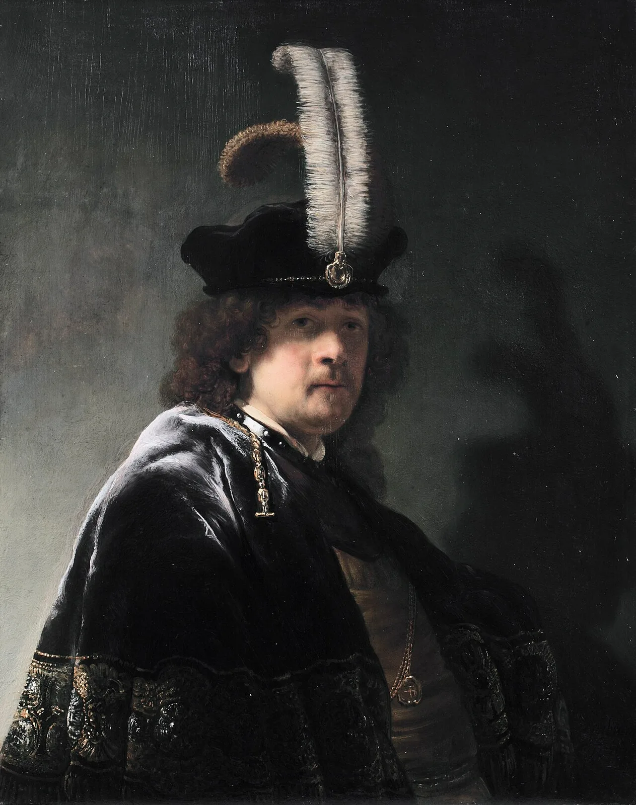 Self-portrait wearing a white feathered bonnet