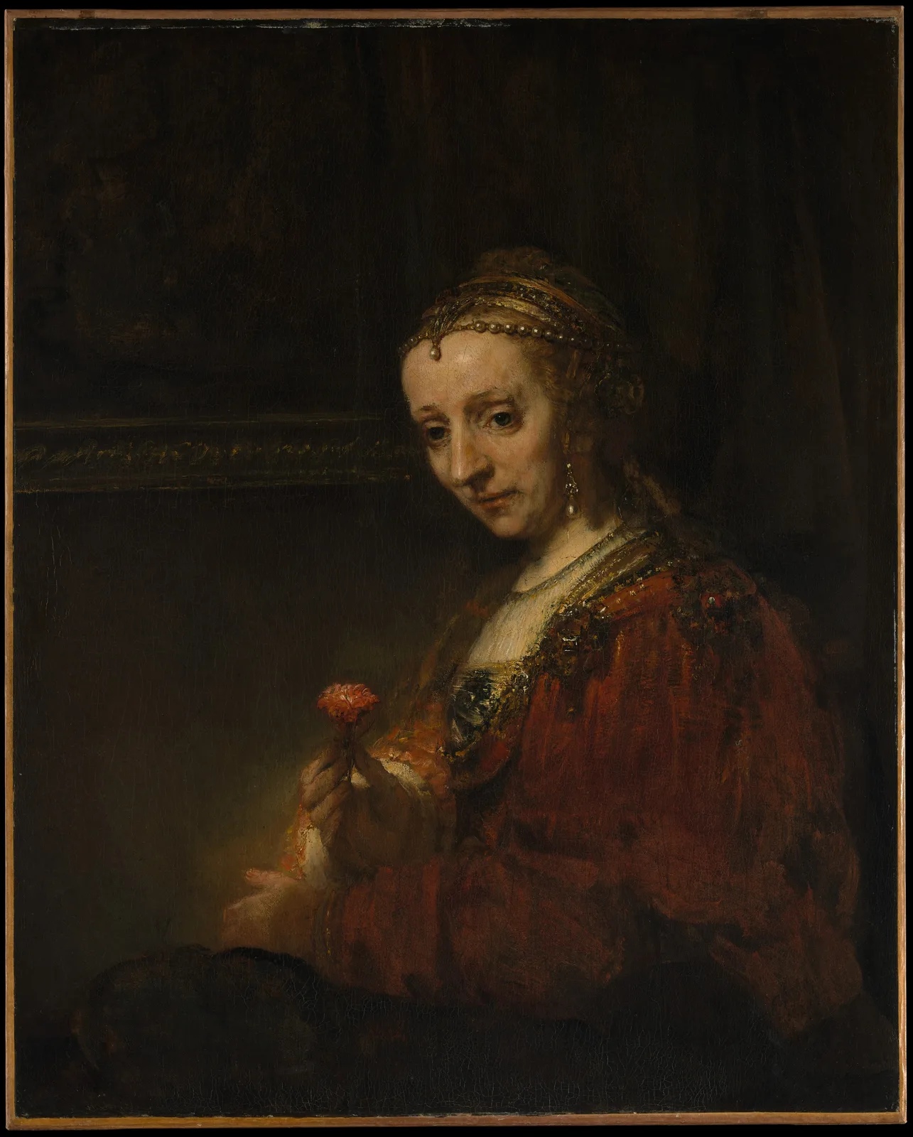 Portrait of a Woman with a Carnation, possibly Lysbet Jansdr Delft