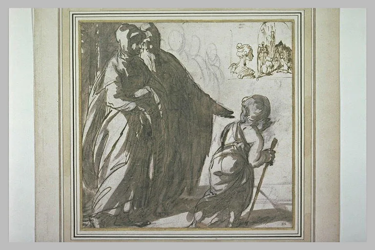 Sainte Famille, profil de femme et Adoration de la Vierge