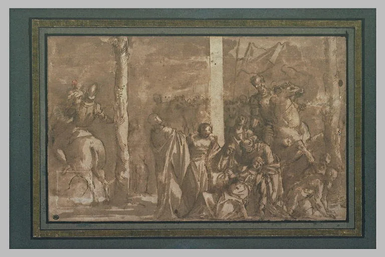 La Vierge évanouie au pied de la Croix entourée de saints et deux cavaliers