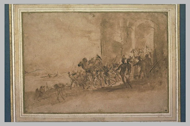 Marche d'une troupe sortant d'un fort