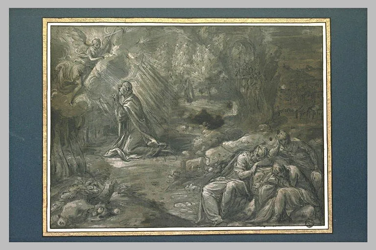 Un ange portant une croix apparait au Christ priant au Jardin des oliviers
