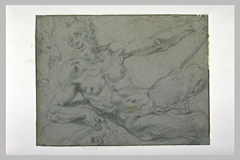 Un satyre à demi-allongé et une tête de chèvre