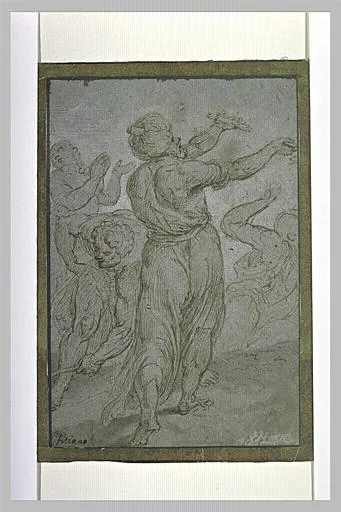 Quatre figure dont un homme, vu de dos: figure du Miracle de l'esclave