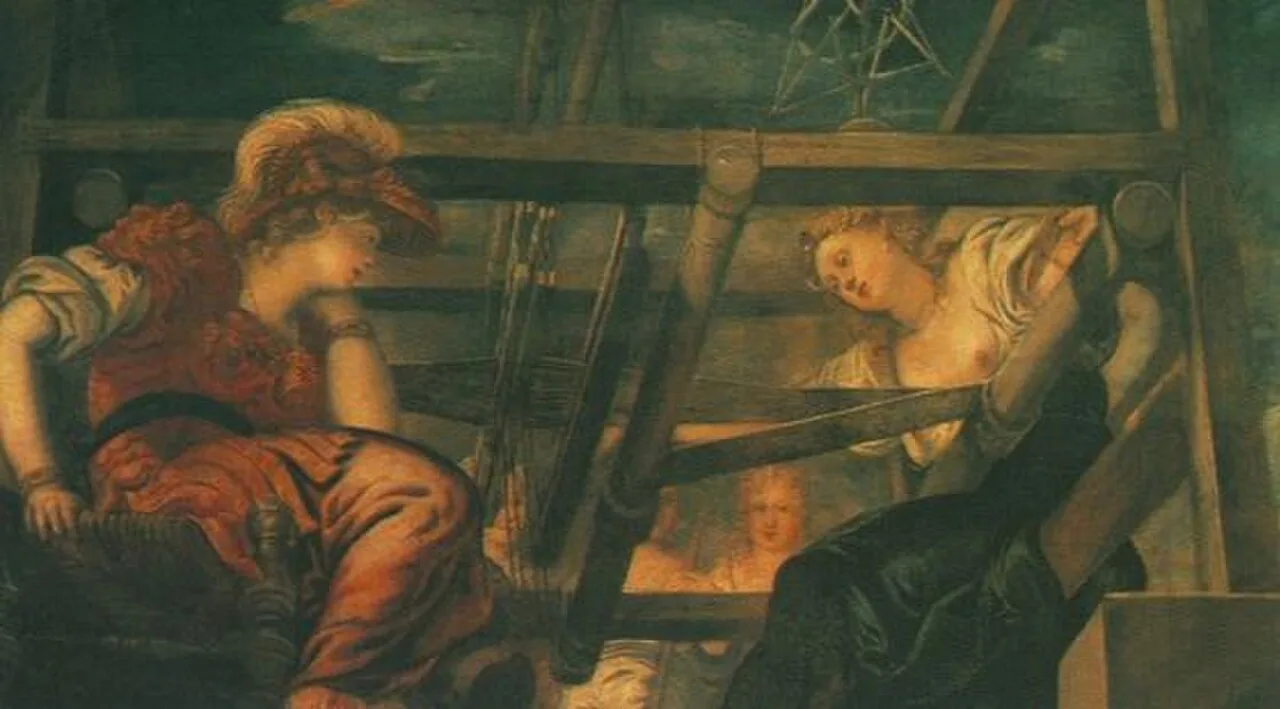Arachne challenges Minerva in a weaving contest