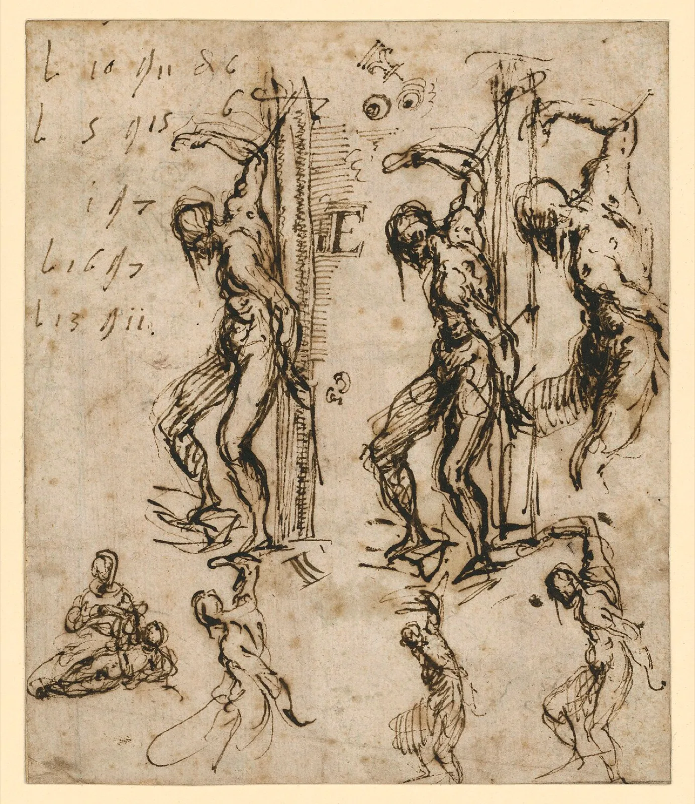 Six Sketches of Saint Sebastian and a Madonna and Child (Polyptych Averoldi)