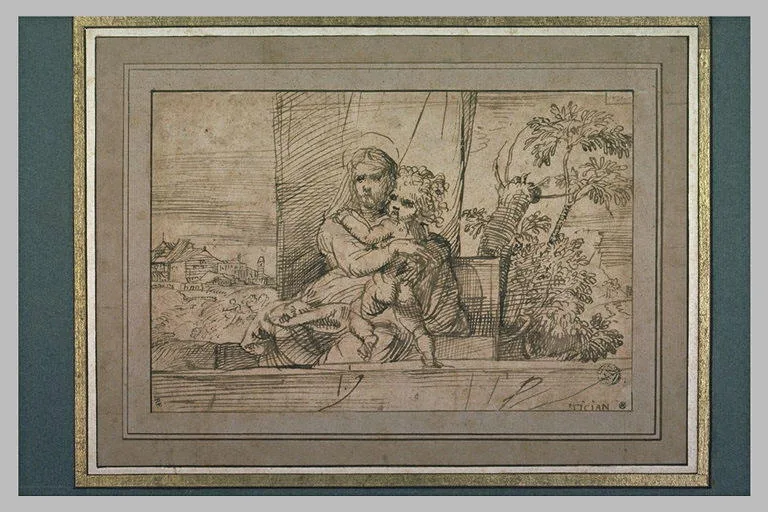 Vierge à l'Enfant, derrière une balustrade